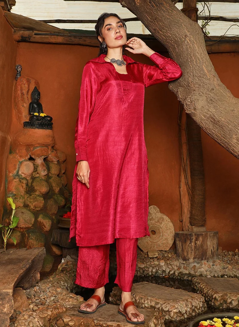  قصة Women's Venetian Red Dusk Ensemble Kurta Set For Casual Wear | Spread Collar | Long Sleeve | 2 Piece Kurta Set Designed With Comfort Fit For Everyday Ethnic Wear
